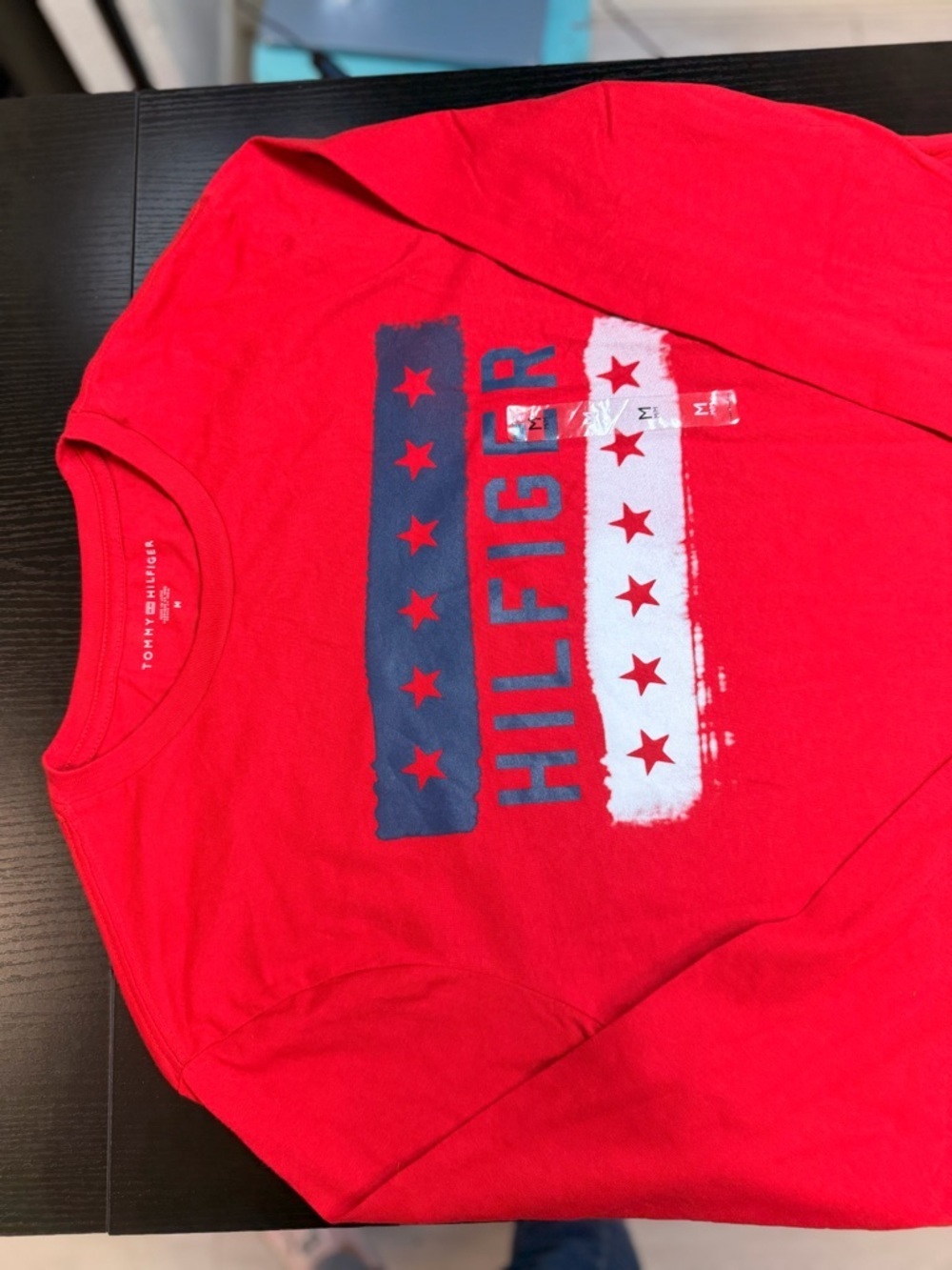 Tommy Hilfiger Red Long Sleeve Logo Tee with Navy and White Stars - Picture 2 of 3